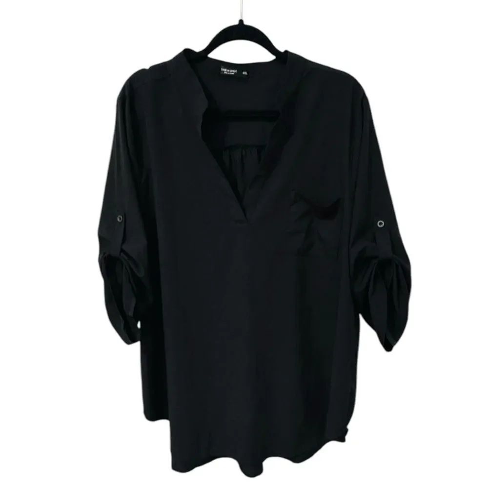 SHEIN Curve Women's V-Neck Tunic Blouse Roll Tab Sleeves Casual (4XL) Black